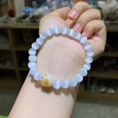 White Cat's Eye Bracelet with Cat Claw Pendant