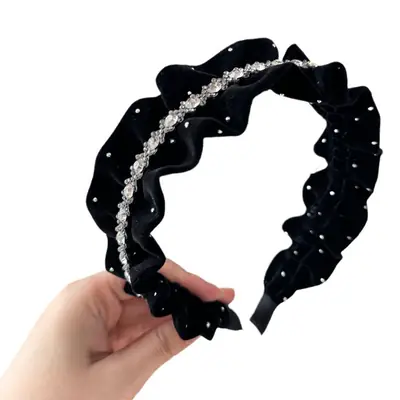 Autumn & Winter Velvet Headband with Diamonds Black