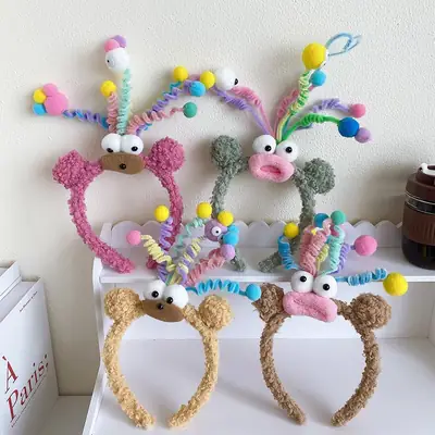 Plush Colorful Headband with Pom Pom Face