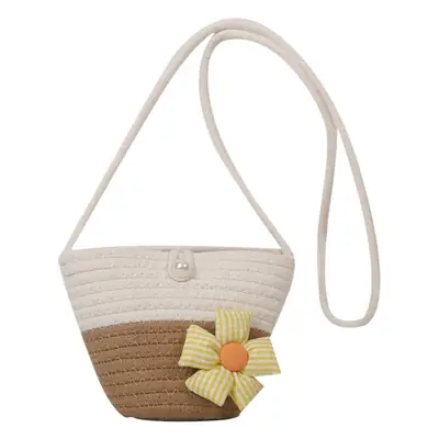 Woven Beige Shoulder Messenger Bag with Yellow Bow