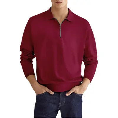Men's Maroon Zipper Polo Shirt Long Sleeve Solid Color