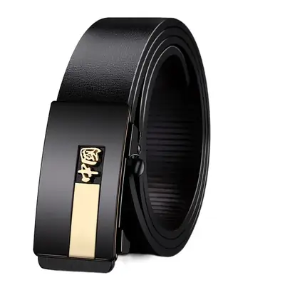 Men's Black Leather Belt with China Logo & Gold Plated Buckle