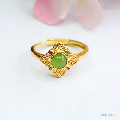 Guan Yu Jade Jasper Ring Four Pointed Star Gold