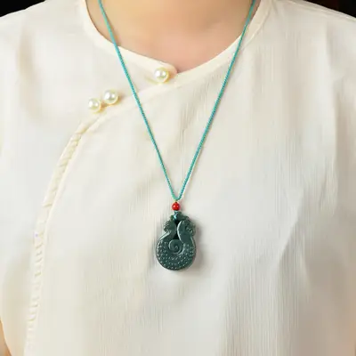Hetian Jade Antique Dragon Necklace with Red Accents