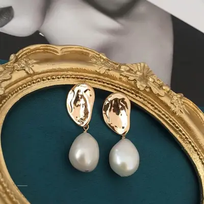 Oil Painting Pearl Earrings Silver Needles French Retro