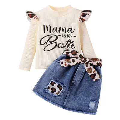Baoxian Women Leopard Print Top & Denim Skirt 3Pc Set