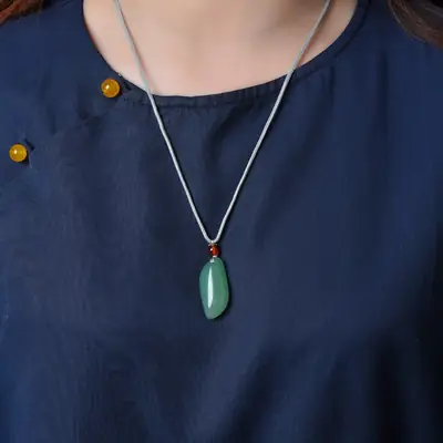 Green Jade Pendant with Red Stone & Silver Chain