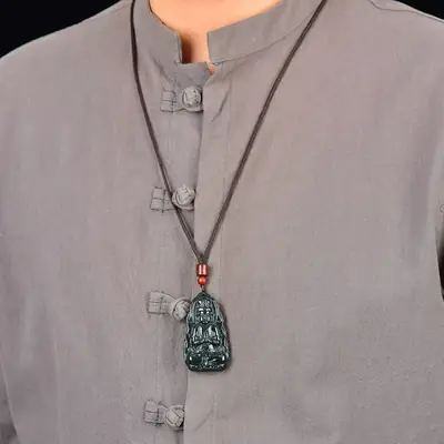 Hetian Jade Guanyin Pendant Necklace Black