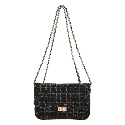 Black Woven Chanel Style Shoulder Messenger Bag with Gold Chain