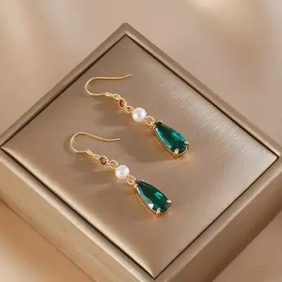 Elegant Pearl Emerald Drop Earrings with Gold Plating