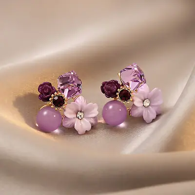 Fengyun Purple Crystal Flower Earrings for Women