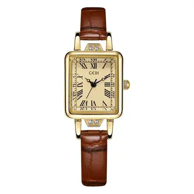 Women's Gold Square Watch with Black Leather Band
