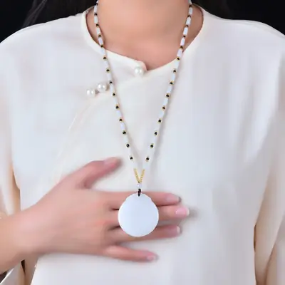 White Round Jade Peace Pendant with Gold Chain