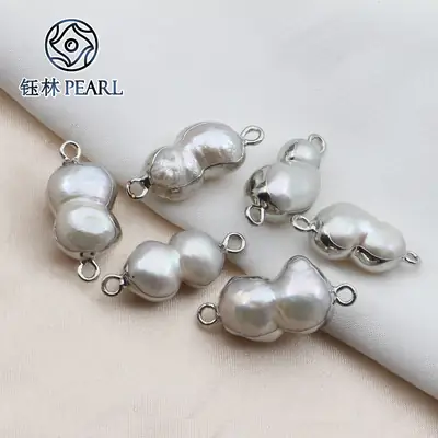 Freshwater Pearl Peanut Gourd Irregular Double Hanging Bag Silver Edge Pendant DIY Handmade Earrings Bracelet Connection Accessories