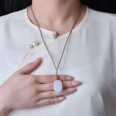 Gold Jade Pendant with Red Bead for Women