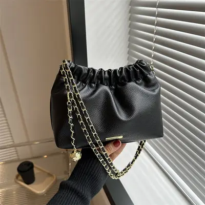 Black Pleated Chain Shoulder Bag for Women 2023