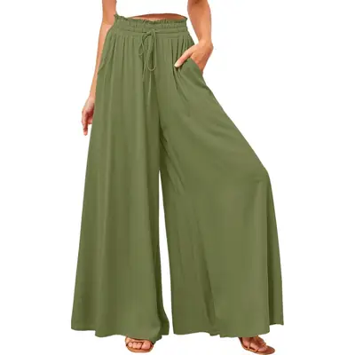 Women Wide Leg Pants Elastic Belt Summer Casual