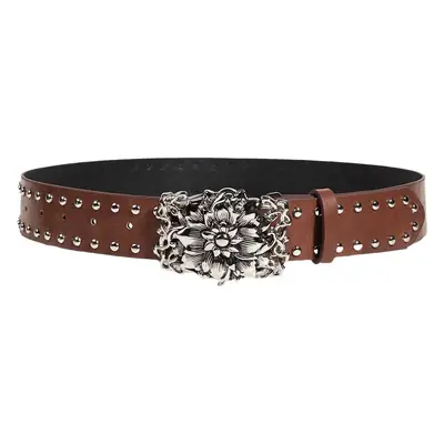 Women's Punk Wide Brown Leather Belt with Flower Buckle