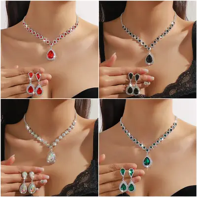 Red Water Drop Crystal Necklace & Earrings Set for Women