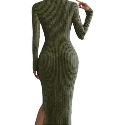 Long Sleeve Knit Slit Dress Women Black
