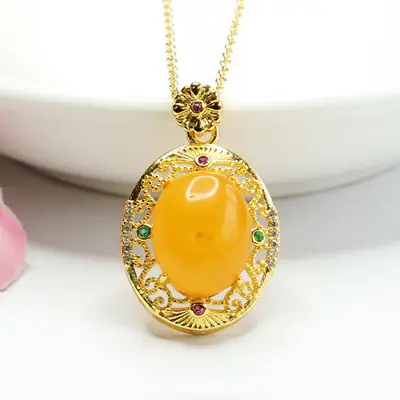 Guan Yu Amber Pendant Necklace Vintage Gold