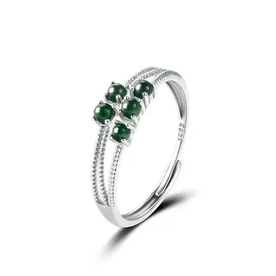 Natural Jade Ink Five Beads Ring S925 Silver Set