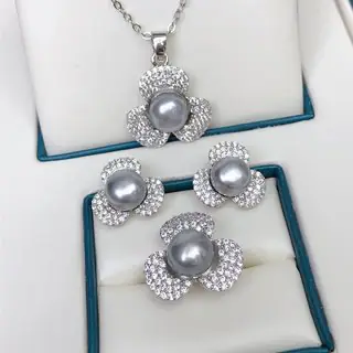 Freshwater Pearl Clover Set Pendant Earrings Ring 8-9mm