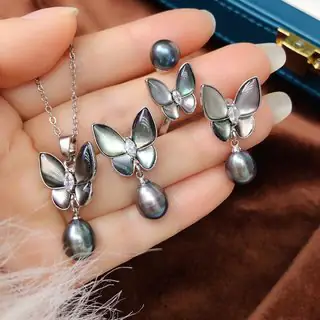 Silver Butterfly Pearl Necklace Set for Women