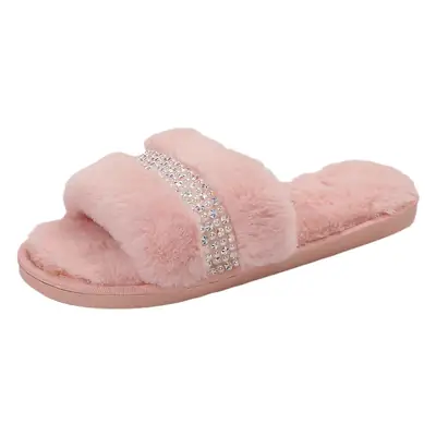 Fashionable Furry Slippers for Women, 2026 Autumn and Winter New Style, Outdoor Wear, Rhinestone Flat Casual Indoor Cotton Slippers