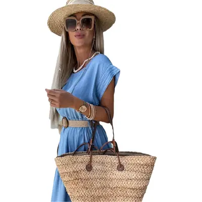 Blue Waist-Cinching Round Neck Dress for Women 2026 Spring Summer