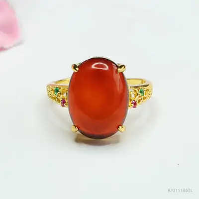 Guan Yu Natural Amber Cabochon Ring for Women