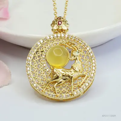 Natural Amber Deer Pendant Necklace Ethnic Gold