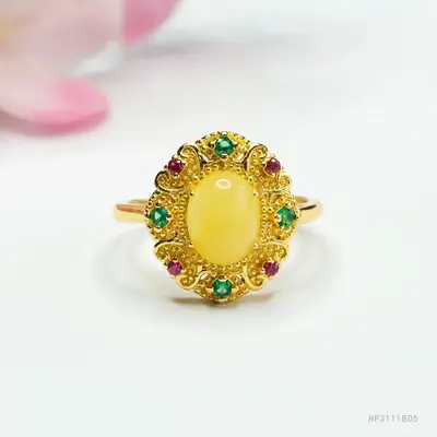 Guan Yu Natural Amber Ring Honey Wax Finger Ring Court Style Jewelry