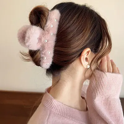 White Pearl Plush Hair Clip for Girls
