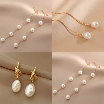 Gold Pearl Drop Earrings for Women