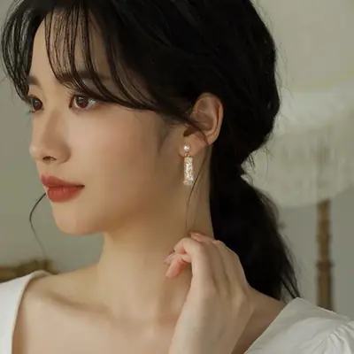 Long Pearl Earrings Gold Foil Silver Pin Elegant Women
