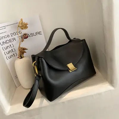 Black Women's Shoulder Messenger Bag with Gold Clasp