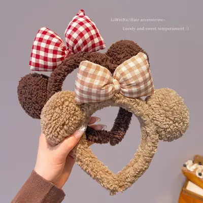 Plush Plaid Bow Bear Headband for Girls