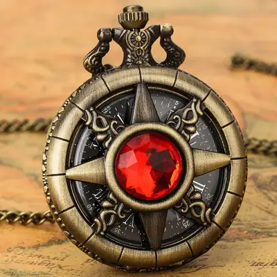 American Quartz Bronze Pocket Watch with White Stone Cross Design