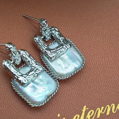 Vintage Square Pearl Earrings High Fashion Silver