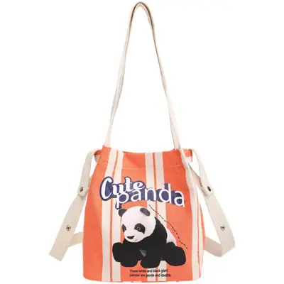 Cute Panda Printed Canvas Shoulder Bag Orange
