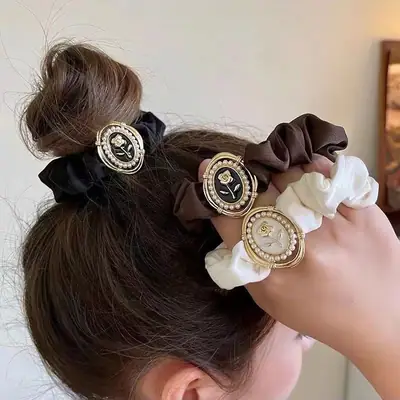 Brown Satin Hair Scrunchie with Gold Logo Watch