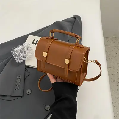 Brown Faux Leather Shoulder Bag with Furry Pendant