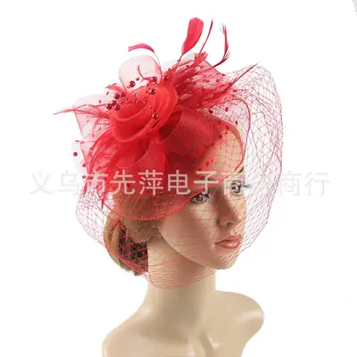 Pink Feather Mesh Veil Headband for Women