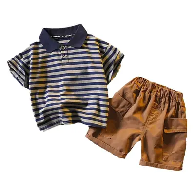 Boys Striped Polo Shirt & Shorts Set Summer Cotton Brown