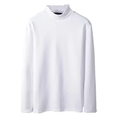 Men's White Fleece T-Shirt Semi-High Collar
