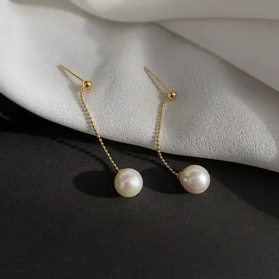 S925 Gold Pearl Earrings for Women 8mm Near Round
