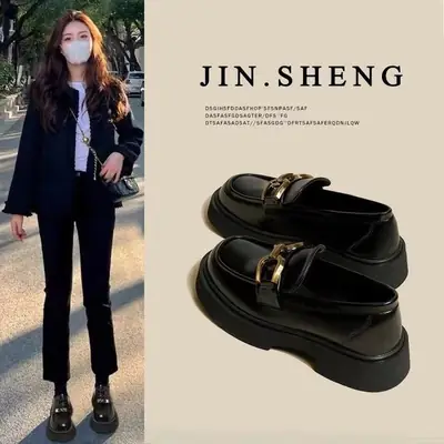 Women's British Style Leather Loafers Black Thick Bottom 2023