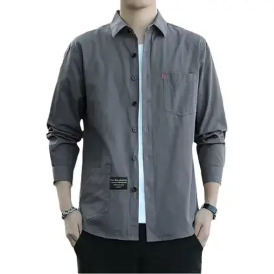 Men's Long Sleeve Cotton Shirt Tan Button Front