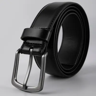 Men's Black Leather Belt with Silver Pin Buckle